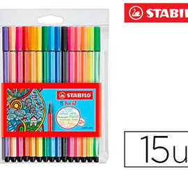 feutre-coloriage-stabilo-pen-6-8-pointe-moyenne-ogive-robuste-pochette-de-15-unitas-dont-5-fluos