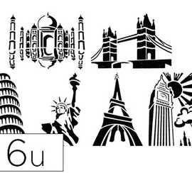 pochoir-monuments-plastique-la-vable-a4-tour-eiffel-statue-liberta-big-ben-tour-pise-tower-bridge-taj-mahal-lot-6-unitas