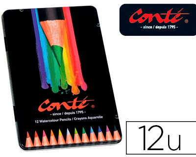 crayon-couleur-conta-aquarella-ble-corps-noir-pinceau-inclus-couleurs-assorties-bo-te-matal-12-unitas