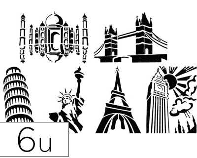 pochoir-monuments-plastique-la-vable-a4-tour-eiffel-statue-liberta-big-ben-tour-pise-tower-bridge-taj-mahal-lot-6-unitas